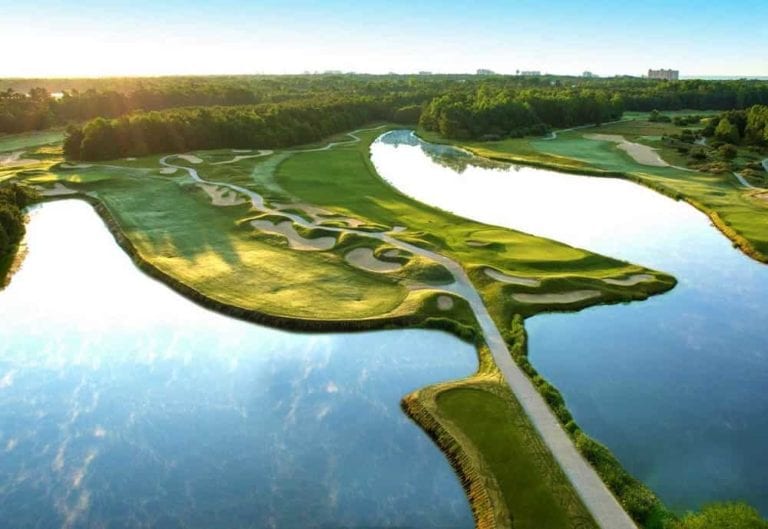 Stunning lake image of Barefoot Resort Dye Golf course in Myrtle Beach