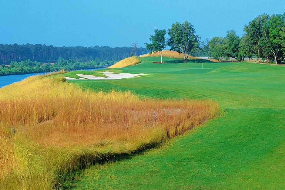 Myrtle Beach coastline with golf course fairway overlooking Atlantic Ocean