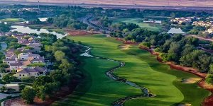 18th hole at Jumeirah Golf Estates Earth Course with creek at the DP World Tour Championship